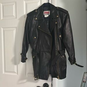 Lamb skin leather long length motorcycle jacket.